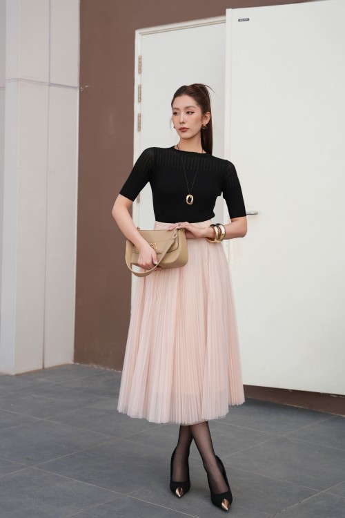 Sixdo Begie Mesh Flared Skirt